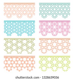 Set of colorful seamless borders, line patterns. Tribal ethnic arabic, indian decorative ornaments, fashion lace collection. Isolated design elements for headline, banners, wedding invitation cards
