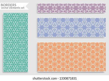 Set of colorful seamless borders, line patterns. Tribal ethnic arabic, indian decorative ornaments, fashion lace collection. Isolated design elements for headline, banners, wedding invitation cards