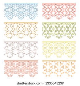 Set of colorful seamless borders, line patterns. Tribal ethnic arabic, indian decorative ornaments, fashion lace collection. Isolated design elements for headline, banners, wedding invitation cards