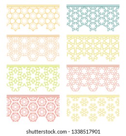Set of colorful seamless borders, line patterns. Tribal ethnic arabic, indian decorative ornaments, fashion lace collection. Isolated design elements for headline, banners, wedding invitation cards