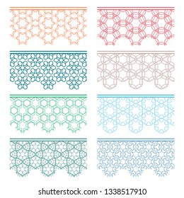 Set of colorful seamless borders, line patterns. Tribal ethnic arabic, indian decorative ornaments, fashion lace collection. Isolated design elements for headline, banners, wedding invitation cards