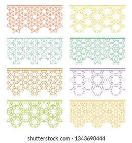 Set of colorful seamless borders, line patterns. Tribal ethnic arabic, indian decorative ornaments, fashion lace collection. Isolated design elements for headline, banners, wedding invitation cards