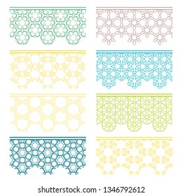 Set of colorful seamless borders, line patterns. Tribal ethnic arabic, indian decorative ornaments, fashion lace collection. Isolated design elements for headline, banners, wedding invitation cards