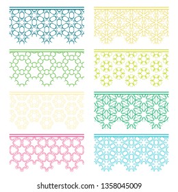 Set of colorful seamless borders, line patterns. Tribal ethnic arabic, indian decorative ornaments, fashion lace collection. Isolated design elements for headline, banners, wedding invitation cards