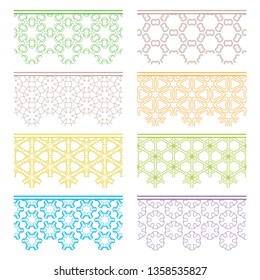 Set of colorful seamless borders, line patterns. Tribal ethnic arabic, indian decorative ornaments, fashion lace collection. Isolated design elements for headline, banners, wedding invitation cards