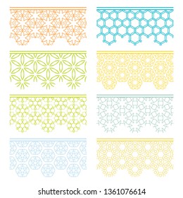 Set of colorful seamless borders, line patterns. Tribal ethnic arabic, indian decorative ornaments, fashion lace collection. Isolated design elements for headline, banners, wedding invitation cards