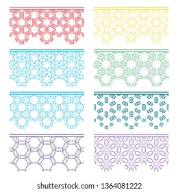 Set of colorful seamless borders, line patterns. Tribal ethnic arabic, indian decorative ornaments, fashion lace collection. Isolated design elements for headline, banners, wedding invitation cards