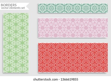 Set of colorful seamless borders, line patterns. Tribal ethnic arabic, indian decorative ornaments, fashion lace collection. Isolated design elements for headline, banners, wedding invitation cards