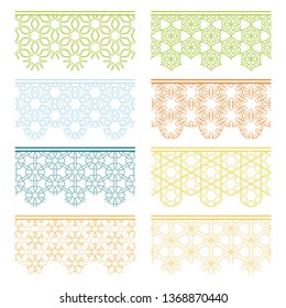 Set of colorful seamless borders, line patterns. Tribal ethnic arabic, indian decorative ornaments, fashion lace collection. Isolated design elements for headline, banners, wedding invitation cards