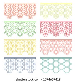 Set of colorful seamless borders, line patterns. Tribal ethnic arabic, indian decorative ornaments, fashion lace collection. Isolated design elements for headline, banners, wedding invitation cards