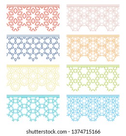 Set of colorful seamless borders, line patterns. Tribal ethnic arabic, indian decorative ornaments, fashion lace collection. Isolated design elements for headline, banners, wedding invitation cards