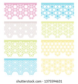 Set of colorful seamless borders, line patterns. Tribal ethnic arabic, indian decorative ornaments, fashion lace collection. Isolated design elements for headline, banners, wedding invitation cards