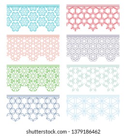Set of colorful seamless borders, line patterns. Tribal ethnic arabic, indian decorative ornaments, fashion lace collection. Isolated design elements for headline, banners, wedding invitation cards