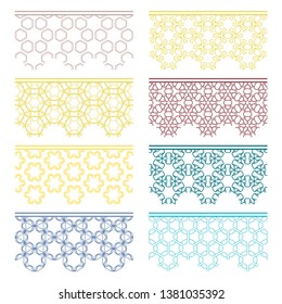 Set of colorful seamless borders, line patterns. Tribal ethnic arabic, indian decorative ornaments, fashion lace collection. Isolated design elements for headline, banners, wedding invitation cards