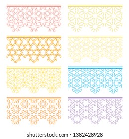 Set of colorful seamless borders, line patterns. Tribal ethnic arabic, indian decorative ornaments, fashion lace collection. Isolated design elements for headline, banners, wedding invitation cards