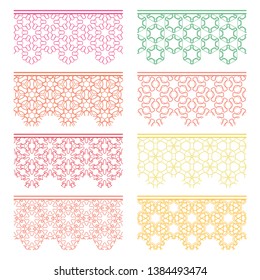 Set of colorful seamless borders, line patterns. Tribal ethnic arabic, indian decorative ornaments, fashion lace collection. Isolated design elements for headline, banners, wedding invitation cards