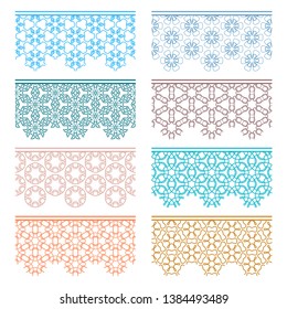 Set of colorful seamless borders, line patterns. Tribal ethnic arabic, indian decorative ornaments, fashion lace collection. Isolated design elements for headline, banners, wedding invitation cards