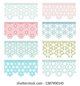 Set of colorful seamless borders, line patterns. Tribal ethnic arabic, indian decorative ornaments, fashion lace collection. Isolated design elements for headline, banners, wedding invitation cards