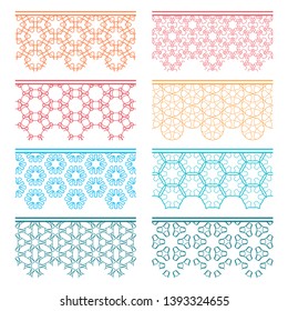 Set of colorful seamless borders, line patterns. Tribal ethnic arabic, indian decorative ornaments, fashion lace collection. Isolated design elements for headline, banners, wedding invitation cards