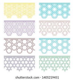 Set of colorful seamless borders, line patterns. Tribal ethnic arabic, indian decorative ornaments, fashion lace collection. Isolated design elements for headline, banners, wedding invitation cards