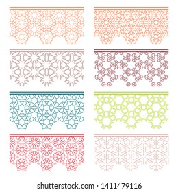 Set of colorful seamless borders, line patterns. Tribal ethnic arabic, indian decorative ornaments, fashion lace collection. Isolated design elements for headline, banners, wedding invitation cards