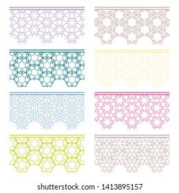 Set of colorful seamless borders, line patterns. Tribal ethnic arabic, indian decorative ornaments, fashion lace collection. Isolated design elements for headline, banners, wedding invitation cards