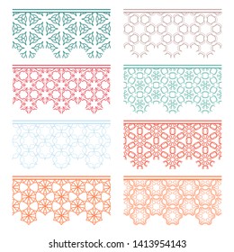 Set of colorful seamless borders, line patterns. Tribal ethnic arabic, indian decorative ornaments, fashion lace collection. Isolated design elements for headline, banners, wedding invitation cards