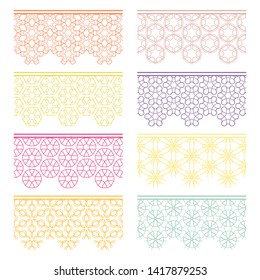 Set of colorful seamless borders, line patterns. Tribal ethnic arabic, indian decorative ornaments, fashion lace collection. Isolated design elements for headline, banners, wedding invitation cards