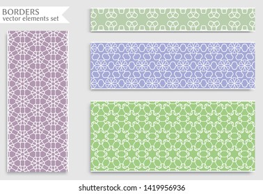 Set of colorful seamless borders, line patterns. Tribal ethnic arabic, indian decorative ornaments, fashion lace collection. Isolated design elements for headline, banners, wedding invitation cards