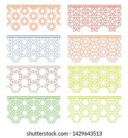 Set of colorful seamless borders, line patterns. Tribal ethnic arabic, indian decorative ornaments, fashion lace collection. Isolated design elements for headline, banners, wedding invitation cards