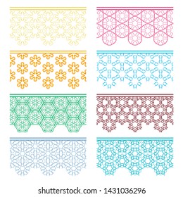 Set of colorful seamless borders, line patterns. Tribal ethnic arabic, indian decorative ornaments, fashion lace collection. Isolated design elements for headline, banners, wedding invitation cards