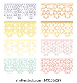 Set of colorful seamless borders, line patterns. Tribal ethnic arabic, indian decorative ornaments, fashion lace collection. Isolated design elements for headline, banners, wedding invitation cards