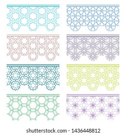 Set of colorful seamless borders, line patterns. Tribal ethnic arabic, indian decorative ornaments, fashion lace collection. Isolated design elements for headline, banners, wedding invitation cards