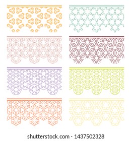 Set of colorful seamless borders, line patterns. Tribal ethnic arabic, indian decorative ornaments, fashion lace collection. Isolated design elements for headline, banners, wedding invitation cards