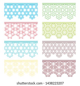 Set of colorful seamless borders, line patterns. Tribal ethnic arabic, indian decorative ornaments, fashion lace collection. Isolated design elements for headline, banners, wedding invitation cards