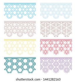 Set of colorful seamless borders, line patterns. Tribal ethnic arabic, indian decorative ornaments, fashion lace collection. Isolated design elements for headline, banners, wedding invitation cards