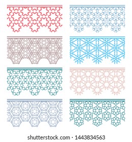Set of colorful seamless borders, line patterns. Tribal ethnic arabic, indian decorative ornaments, fashion lace collection. Isolated design elements for headline, banners, wedding invitation cards