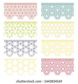 Set of colorful seamless borders, line patterns. Tribal ethnic arabic, indian decorative ornaments, fashion lace collection. Isolated design elements for headline, banners, wedding invitation cards