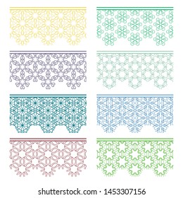 Set of colorful seamless borders, line patterns. Tribal ethnic arabic, indian decorative ornaments, fashion lace collection. Isolated design elements for headline, banners, wedding invitation cards