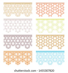 Set of colorful seamless borders, line patterns. Tribal ethnic arabic, indian decorative ornaments, fashion lace collection. Isolated design elements for headline, banners, wedding invitation cards
