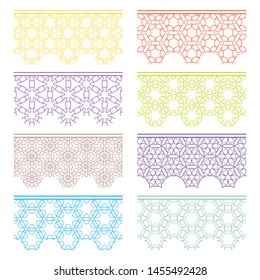 Set of colorful seamless borders, line patterns. Tribal ethnic arabic, indian decorative ornaments, fashion lace collection. Isolated design elements for headline, banners, wedding invitation cards