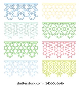 Set of colorful seamless borders, line patterns. Tribal ethnic arabic, indian decorative ornaments, fashion lace collection. Isolated design elements for headline, banners, wedding invitation cards