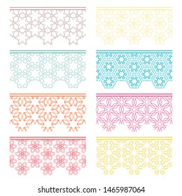 Set of colorful seamless borders, line patterns. Tribal ethnic arabic, indian decorative ornaments, fashion lace collection. Isolated design elements for headline, banners, wedding invitation cards