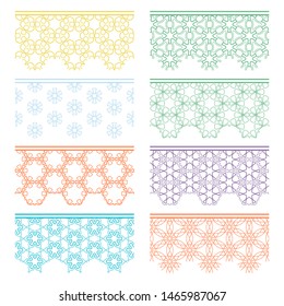 Set of colorful seamless borders, line patterns. Tribal ethnic arabic, indian decorative ornaments, fashion lace collection. Isolated design elements for headline, banners, wedding invitation cards