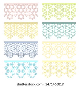 Set of colorful seamless borders, line patterns. Tribal ethnic arabic, indian decorative ornaments, fashion lace collection. Isolated design elements for headline, banners, wedding invitation cards