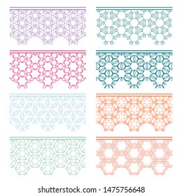 Set of colorful seamless borders, line patterns. Tribal ethnic arabic, indian decorative ornaments, fashion lace collection. Isolated design elements for headline, banners, wedding invitation cards