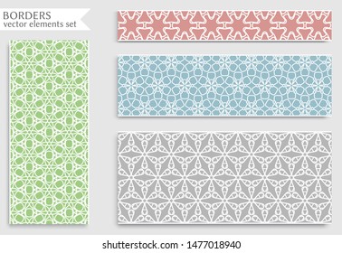 Set of colorful seamless borders, line patterns. Tribal ethnic arabic, indian decorative ornaments, fashion lace collection. Isolated design elements for headline, banners, wedding invitation cards