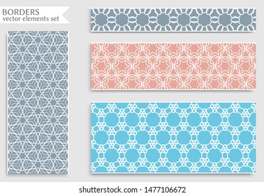 Set of colorful seamless borders, line patterns. Tribal ethnic arabic, indian decorative ornaments, fashion lace collection. Isolated design elements for headline, banners, wedding invitation cards