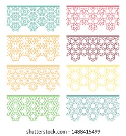 Set of colorful seamless borders, line patterns. Tribal ethnic arabic, indian decorative ornaments, fashion lace collection. Isolated design elements for headline, banners, wedding invitation cards