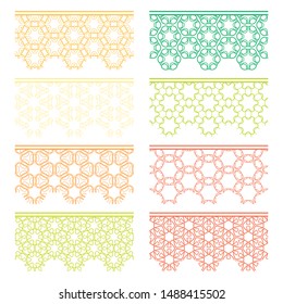 Set of colorful seamless borders, line patterns. Tribal ethnic arabic, indian decorative ornaments, fashion lace collection. Isolated design elements for headline, banners, wedding invitation cards